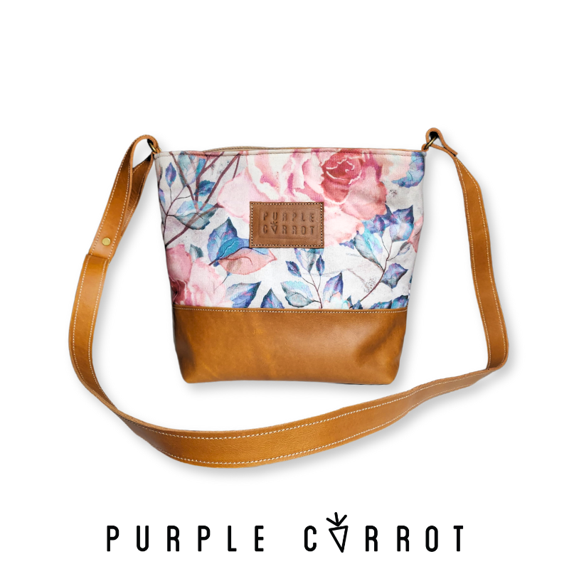 Pink & Blue Floral Caramel Leather Bag